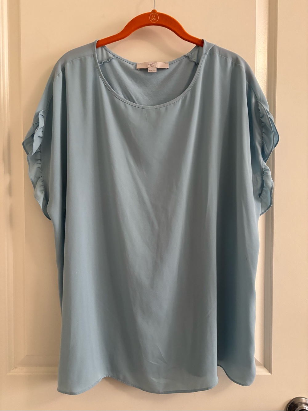 LOFT Pale Blue Short Sleeve Blouse with Ruffle Accents
